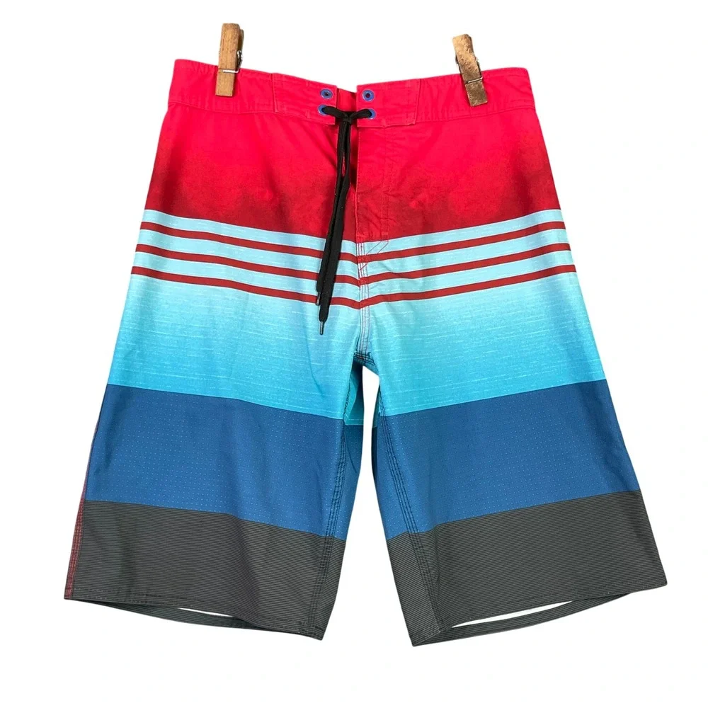 Burnside Board Shorts Mens 28 Red Blue Striped Swim Trunks Surf Beachwear